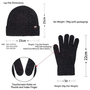 Black knit hat and touch-screen gloves set for winter warmth with fleece lining