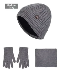 Three-piece winter set including thick knit hat, gloves, and neck warmer in medium gray