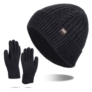 Winter set with black chunky knit beanie and touchscreen gloves for outdoor warmth
