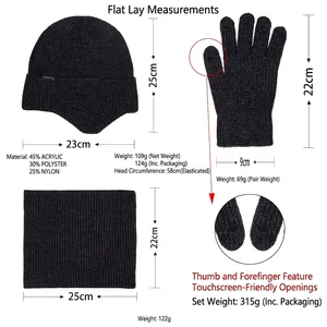 Men's thermal 3-piece winter set with fleece-lined knit hat, scarf and touch gloves
