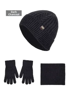 Three-piece winter knit set with beanie, scarf, and gloves in dark heather grey