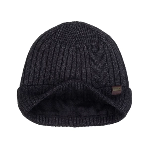Men's dark grey cable knit beanie with warm fleece lining and leather brand patch