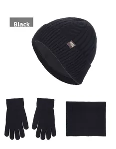 Three-piece winter knit set with thick fleece lining including hat gloves and scarf in black