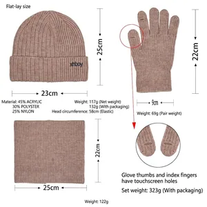 Winter-Set Strickmütze Schal und Touchscreen-Handschuhe in Camelbraun mit warmem Futter