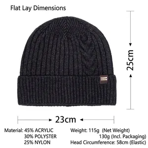 Dark grey knitted beanie for men with thick fleece lining and ribbed texture for winter warmth