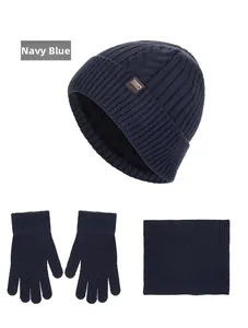 Three-piece navy blue winter knit set including a warm beanie, gloves and a cozy neck warmer