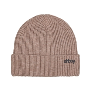 Men's winter knit beanie in light brown with warm ribbed texture and xhboy logo