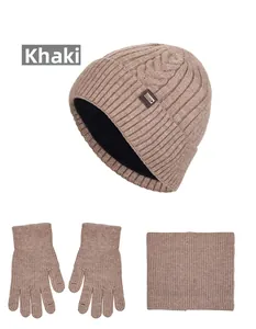 Three-piece winter set with khaki ribbed knit beanie, warm gloves, and neck gaiter
