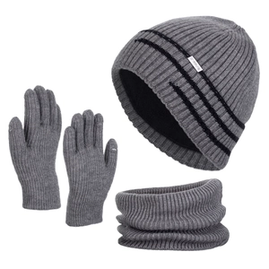 Three-piece winter knit set with grey hat, scarf, and gloves for outdoor warmth