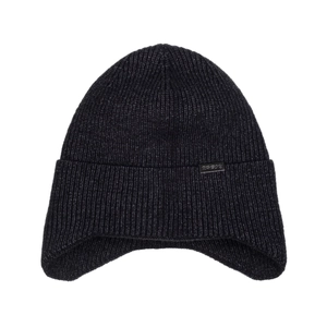 Men's winter knit beanie with warm earflaps and metal logo in deep grey color