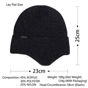 Black knitted earflap beanie for men with thermal fleece lining and dimension details