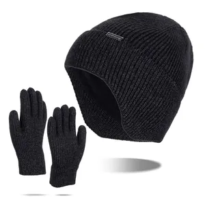 Men's Winter Warm Knit Beanie Hat And Gloves Set Fleece Lined Ear Protection Ribbed Knit Touchscreen Outdoor Skull Cap