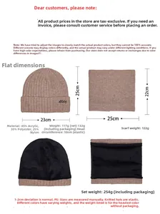 Size chart showing warm winter knitted hat and neck gaiter set with fleece lining
