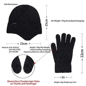 Winter thermal knit hat and touch-screen gloves set in black with fleece lining