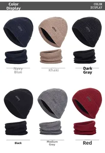 Detail view of the six color options for the thick knitted beanie and neck warmer set