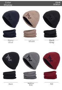 Winter thermal knit hat and neck warmer set showing various colors and thick fleece lining