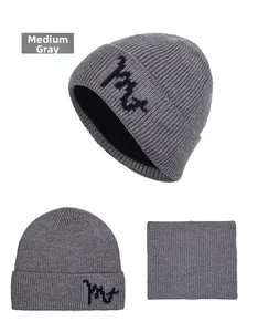 Detail of heather grey knit beanie and neck warmer set with warm black fleece lining