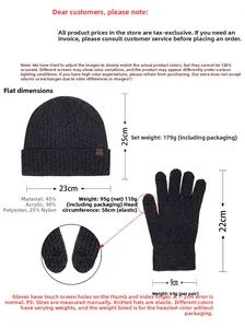 Size chart for thermal knit hat and touch screen gloves set with material details
