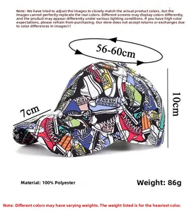 Detail view of graffiti baseball cap showing 100% polyester fabric and 86g weight