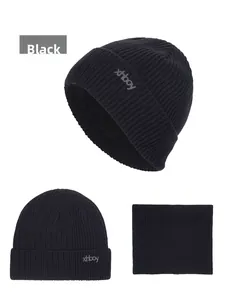 Detail of black ribbed knit beanie and neck warmer set with soft thermal lining