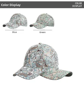 Detail of outdoor baseball caps featuring blue and green ethnic jacquard silk textures