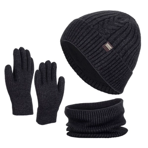 Men's 3-piece winter set with cable knit hat, neck warmer and touchscreen gloves in dark grey
