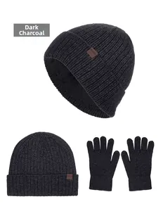 Close-up of deep gray knit beanie with thick fleece lining and matching gloves set