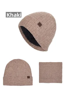 Detail of khaki knitted beanie and scarf set featuring soft black fleece lining for warmth