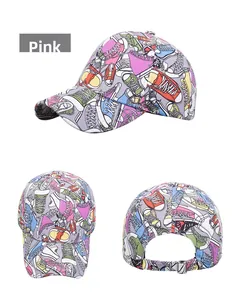 Three-view display of pink graffiti baseball cap with colorful sneaker print and metal buckle