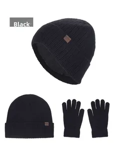 Detail view of winter knitted beanie hat with thick fleece lining and matching gloves