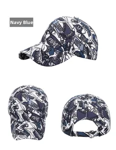 Detail view of the navy blue baseball cap with sneaker graffiti print and metal buckle