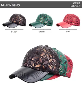 Three hard-top baseball caps in black, green, and red with vintage geometric circle patterns
