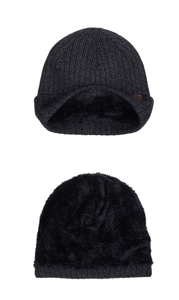 Detail of warm winter knit hat with thick black fleece lining and grey ribbed texture