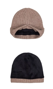 Close-up of khaki ribbed knit beanie with thick black fleece lining for winter warmth