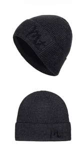 Detail of dark grey knit beanie featuring vertical ribbed texture and side logo embroidery
