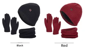Winter thermal set featuring fleece-lined knit hat, neck warmer, and gloves in black and red