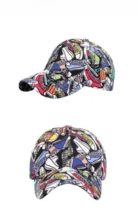 Detail showing colorful sneaker graffiti print on structured canvas baseball cap