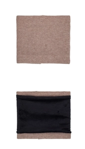 Detailed view of the warm knit neck gaiter featuring camel stripe texture and fleece lining