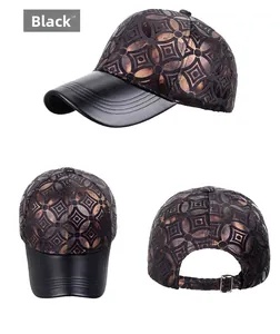 Detail view of baseball cap featuring geometric pattern and black leather brim textures