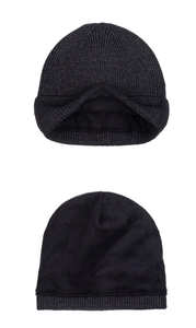 Detail showing the thick black fleece lining inside the dark grey knitted winter beanie hat