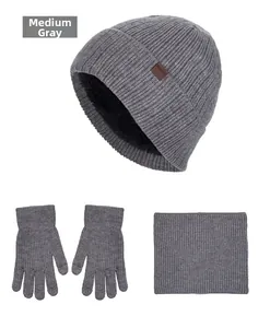 Three-piece winter set in medium heather grey with thermal knit hat, gloves and neck warmer