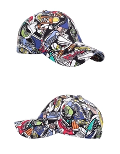 Detailed view showing the street graffiti canvas shoe print on the baseball cap fabric