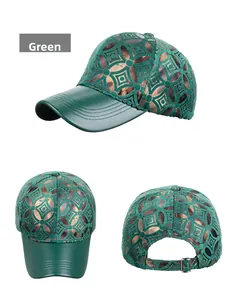 Detailed views of a green and bronze baseball cap with textured geometric rings and metal buckle