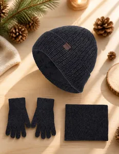 Dark heather grey knitted three-piece winter set including beanie, gloves, and scarf