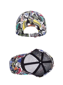 Detailed macro view of the colorful graffiti print baseball cap with adjustable metal buckle