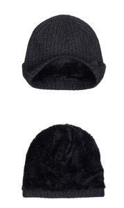 Close-up of ribbed knit beanie with thick black faux fur lining for winter warmth