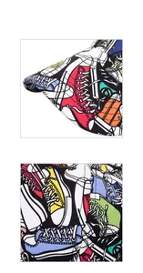 Close-up detail of the graffiti sneaker print on this canvas baseball cap's fabric