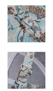 Detail of vintage floral jacquard fabric and metal buckle on the baseball cap