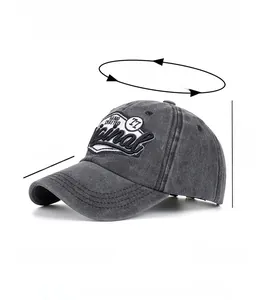 Detailed size chart for gray washed cotton baseball cap with 3D embroidery and measurements