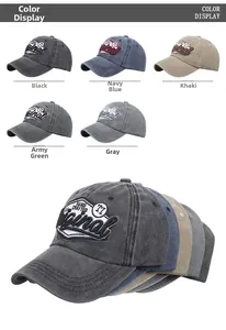 Detailed view of washed cotton baseball caps with original embroidery in five colors